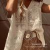 Literary and thin embroidered lace vest vest women's new casual style blouse temperament top apricot cotton