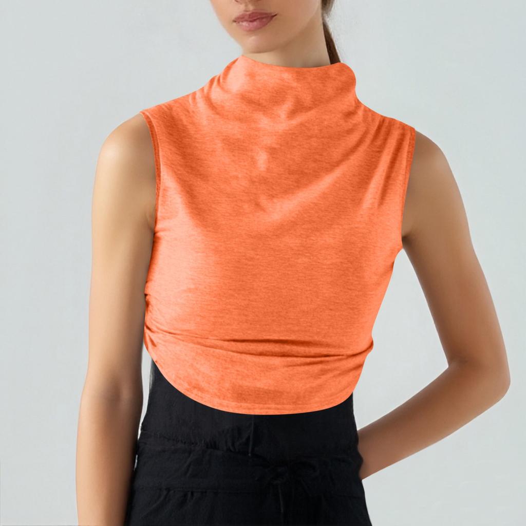 Women's Solid Color Semi-high-neck Sleeveless Vest Pleated  Top T-shirt