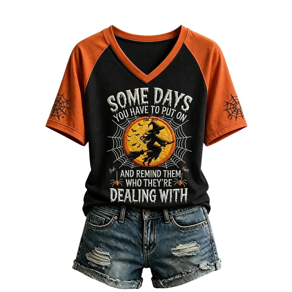 Women's V-Neck Short Sleeve T-Shirt with Halloween Print and Raglan Sleeve, Casual Fit