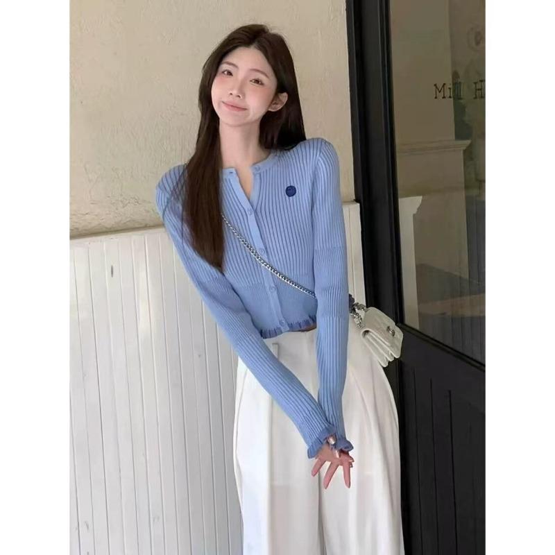 Pink knitted cardigan jacket women's thin short short short long-sleeved top sweater temperament commuting
