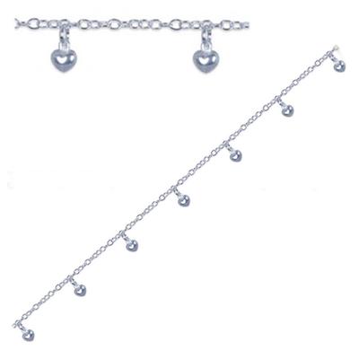 [Q8205] - Silver Ankle Chain 'Love' Silver (rhodium-plated) - 25 Cm 3 Mm - Hearts 5x5 Mm