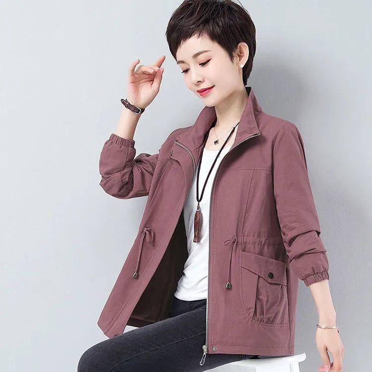 Double Layer Dámské Velké velikosti Jaro Podzim Korejské Velké Podšívka Podšívka Větrovka Stahovací šňůrka Pas Stojáček s límečkem