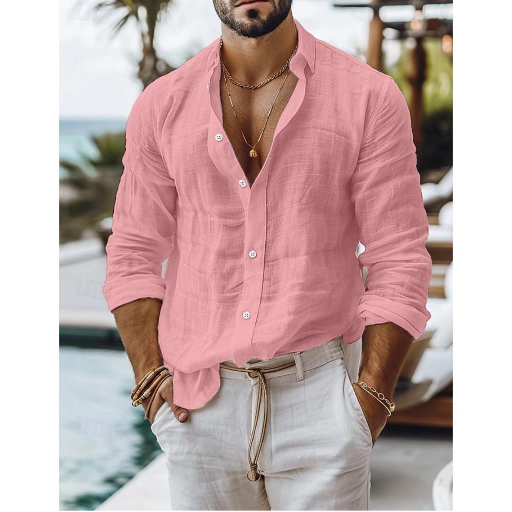 Men's Solid-Colour Cotton-Linen Blend Shirt Casual Style Long-Sleeved Business Casual Shirt