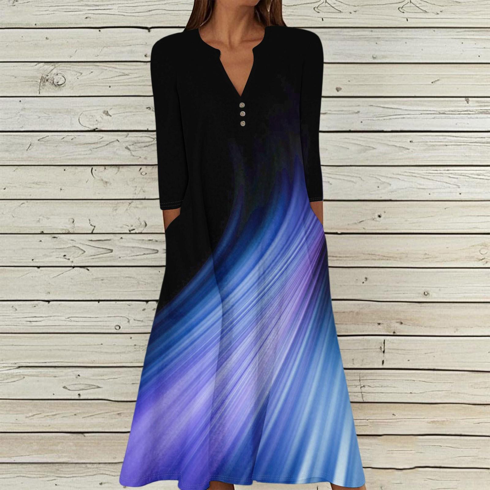 

Women s Summer Casual V-Neck Button Vintage Print Three-quarter Sleeve Long Dress With Pockets XXL чорний