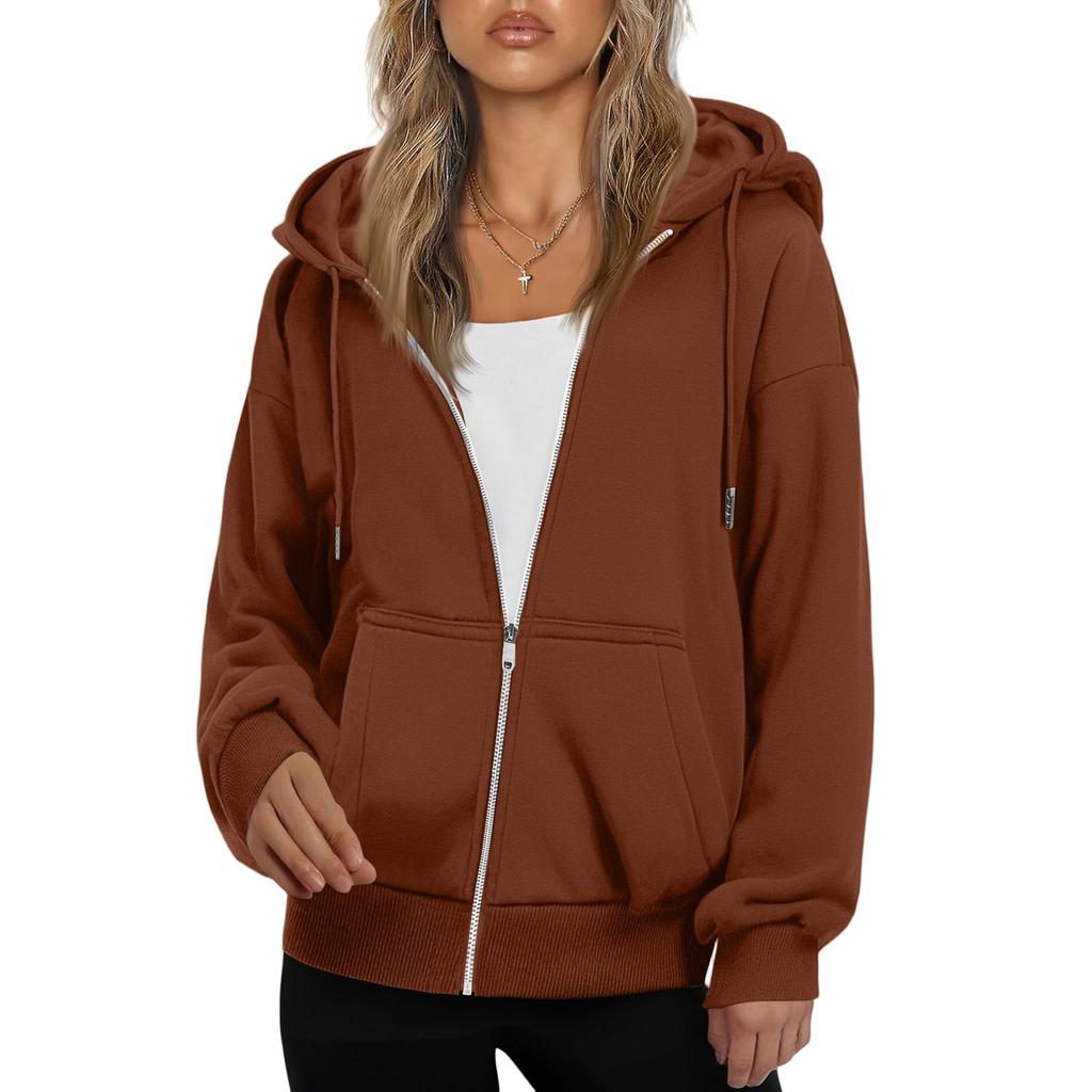 Women's Fashionable Loose Fleece Hooded Casual Cardigan With Zipper Sweatshirt