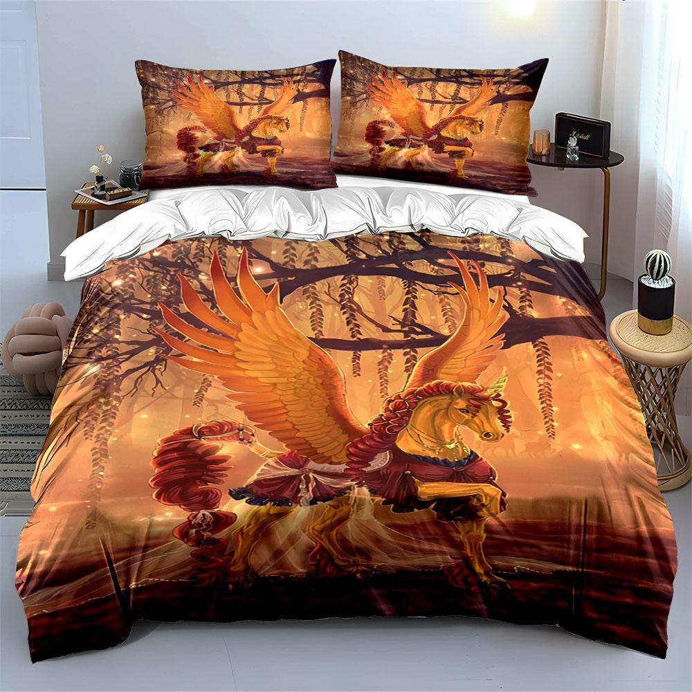 Golden winged horse pattern. Bedding sets Duvet cover sets Duvet covers Pillowcases(1 * Duvet Cover 2 * Pillowcases without duvet insert)