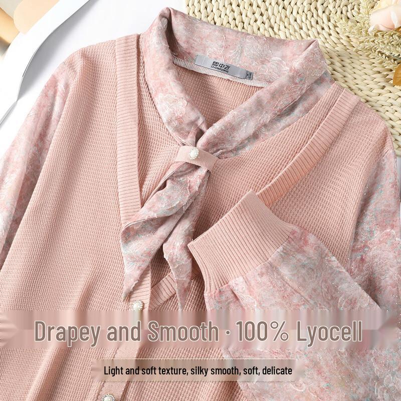 SNOWFLYING Women s Lyocell Faux Two-Piece Scarf Collar Knit Top 2XL