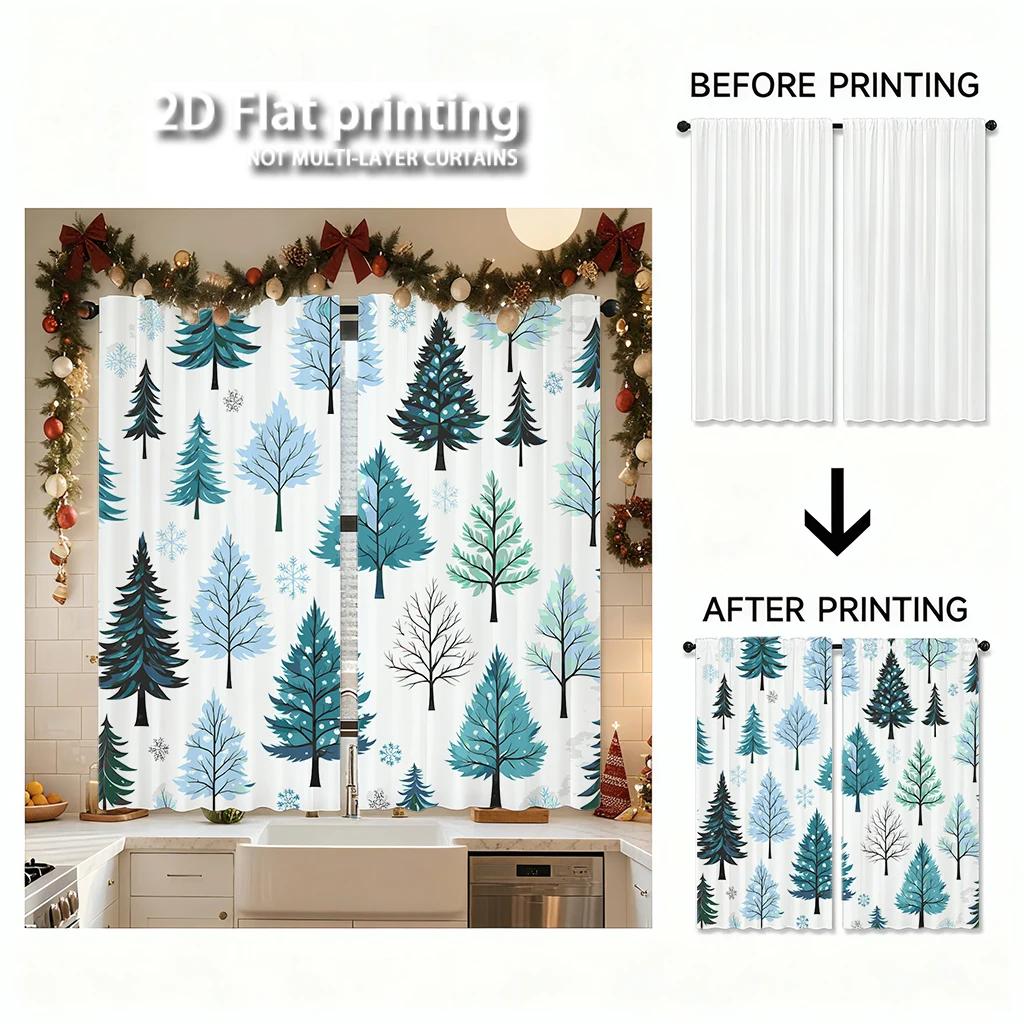 Piece Set High Definition Digital Printed Curtainswatercolor Blue Green Pine Tree Patternhome Decoration Style Curtains Made Of Polyester