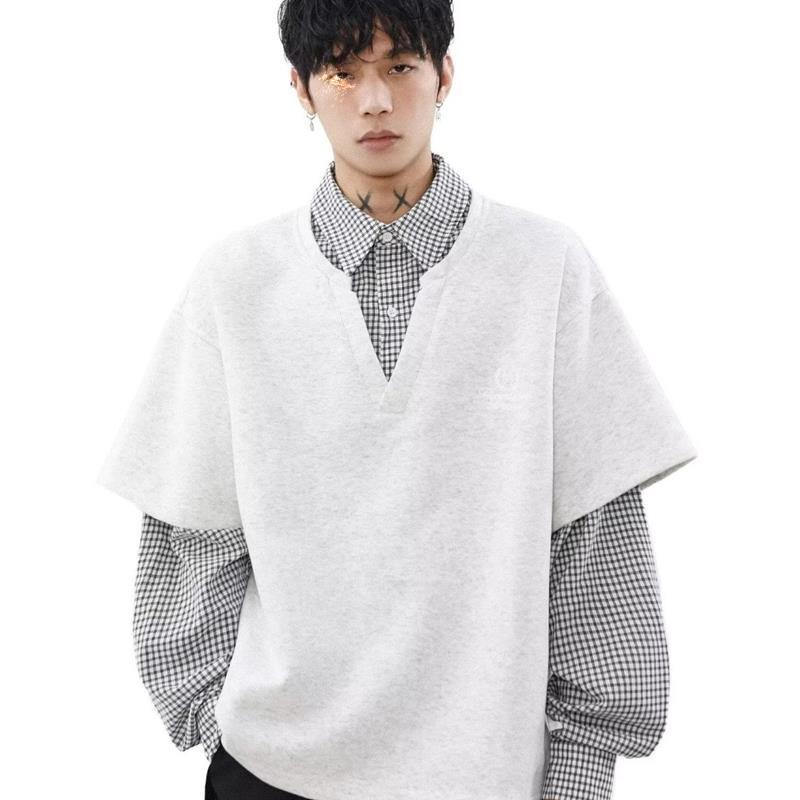 Retro College Style Plaid Splicing Two-in-One Men’s Hoodie, Trendy Casual Spring/Autumn Top, Brand Couple s Jacket XXL