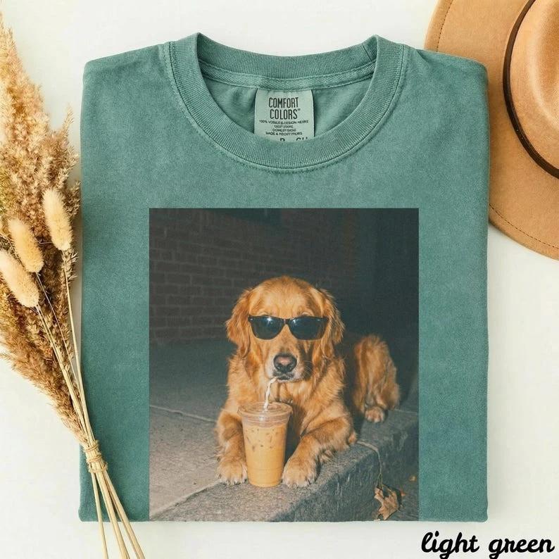 Comfort Colors® Golden Retriever Drinking Iced Coffee Shirt, Dog Meme Graphic 3XL