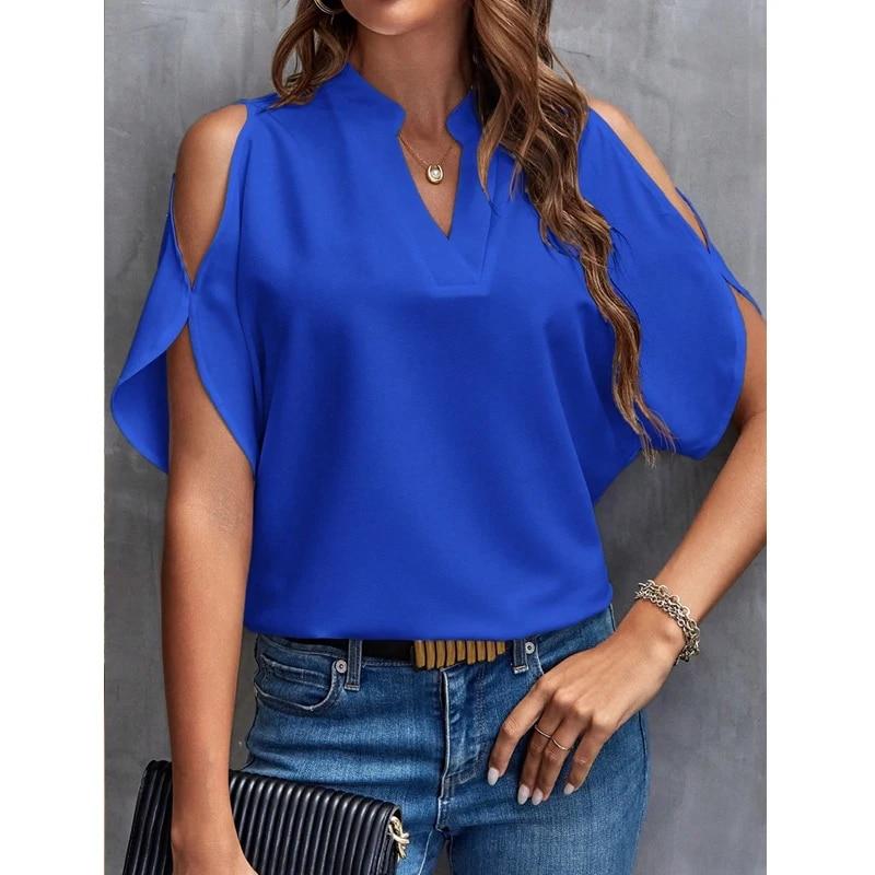 2024 Summer V-neck Off Shoulder Short Sleeve Blouse Fashion Simple Loose Women Tops Ladies Vintage Shirt 30609
