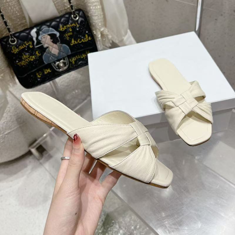 Leather Row Style Flat Bottom One-word Slippers Women Wear Beach Cross-woven Sandals