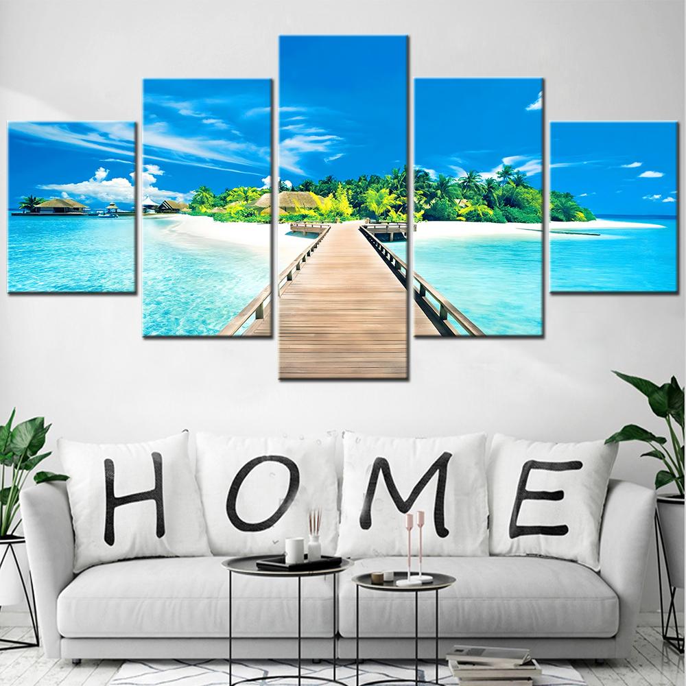 5 Pieces Tropical Island Canvas Wall Art - Bridge To Palms Trees Home Decor Painting for Bedroom Interior Printed Picture