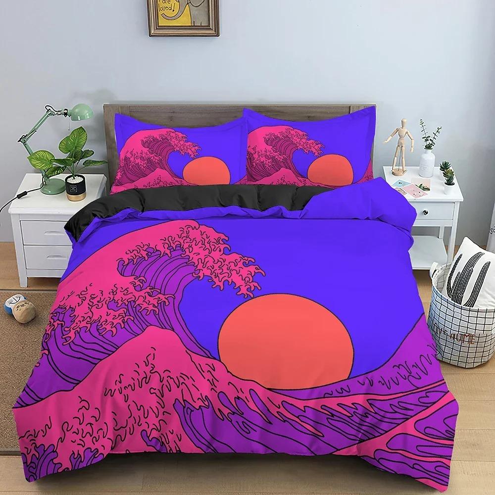 Retro Bedding Set Abstract Duvet Cover Set Waves And Sunset Pattern Comforter Cover With Pillowcase King Queen Home Textiles