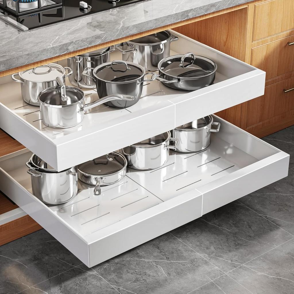 Pull-out Cabinet Storage Rack with 3 Silent Slide Rails, No Drilling Required, Suitable for Kitchen Spice Tableware Organization