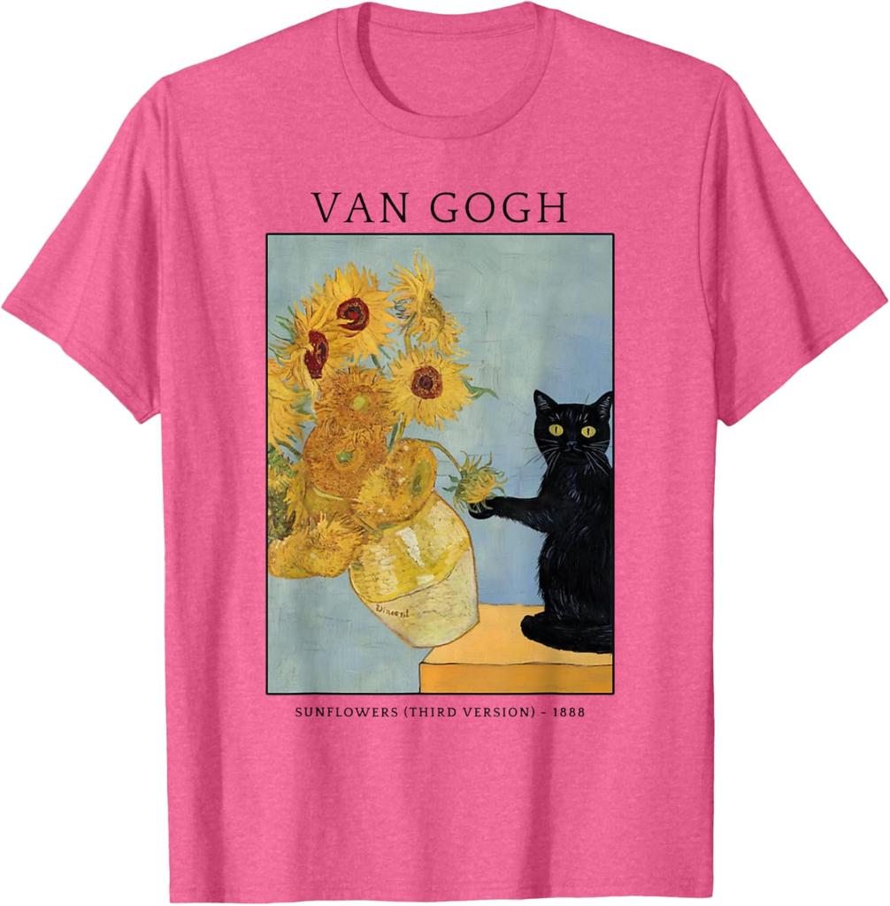 Černá kočka Van Gogh Slunečnice Umělecká parodie Grafické tričko Měkká bavlna Ležérní tričko s kulatým výstřihem