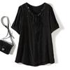 European Trendy Large Version Tops! Women's Washed Ramie Cotton Water Soluble Diamond Sequin Mixed Lace up Peter Pan Collar T-shirt Summer