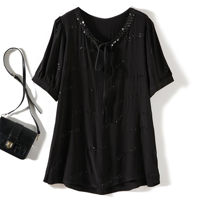 European Trendy Large Version Tops! Women's Washed Ramie Cotton Water Soluble Diamond Sequin Mixed Lace up Peter Pan Collar T-shirt Summer