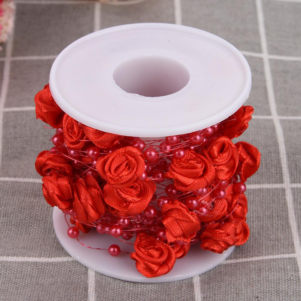 10mroll Rose Artificial Pearl Wire Beads Garland String DIY Wedding Decoration(red)