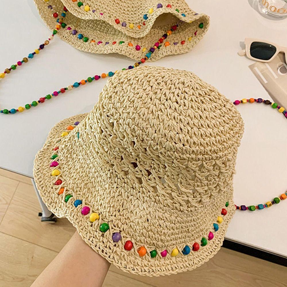 Foldable Straw Hat Color Wood Beads Sunshade Hat New Sun Cap