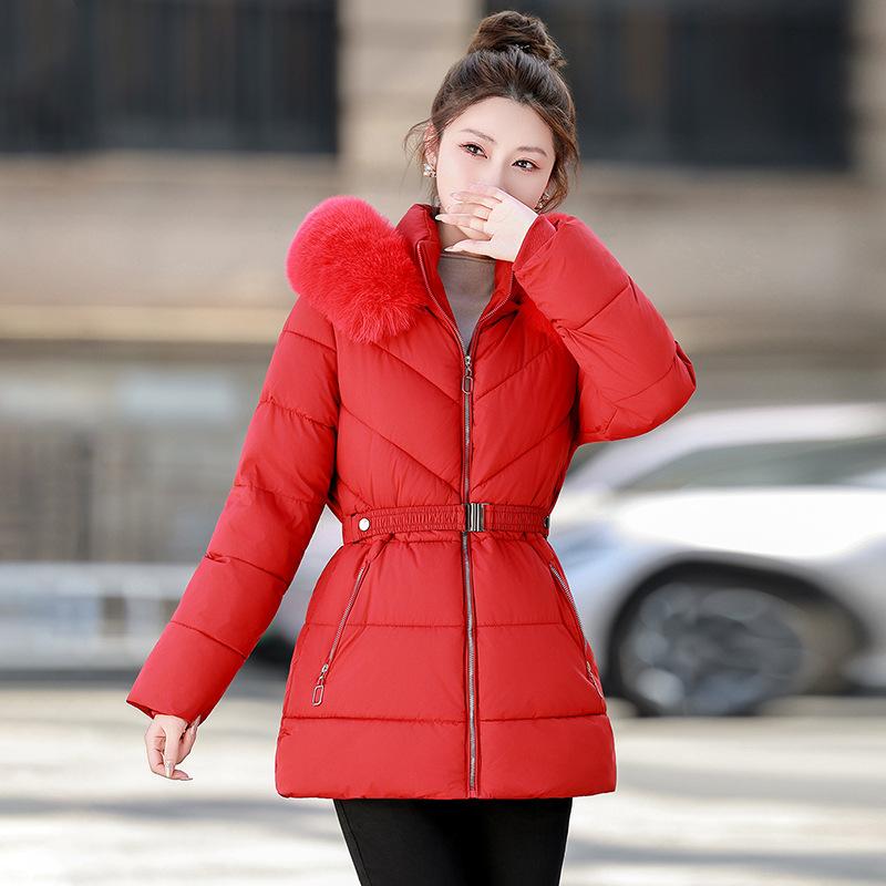 Fleece cotton-padded clothes for women's autumn and winter new medium and long removable hat slim-fitting waist large fur-collared cotton-pad