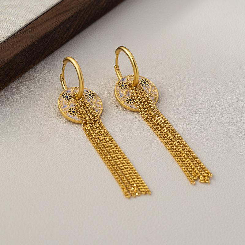 Elegante chinesische Quasten- & Perlenohrringe mit Glasur-Blumendesign für Damen