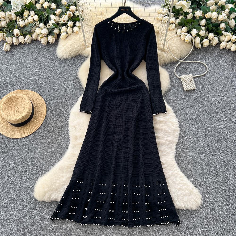 Xiaoxiangfeng Senior Sense Celebrity Heavy Industry Bead Crew Neck Long Sleeve Hollow Knitted Dress Women's Waist Inner Long Dress