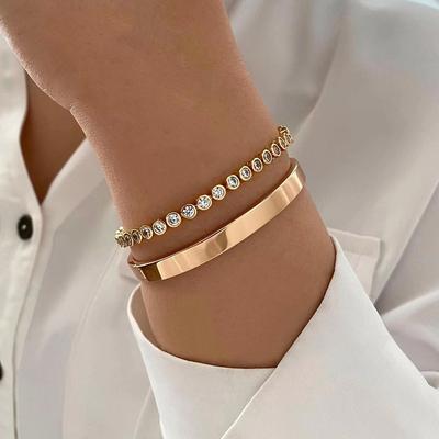 2Pcs/Set Women Bracelet Set Rhinestone Decor Luster Electroplated Alloy Daily Dating Party Bangle Lady Wrist Jewelry