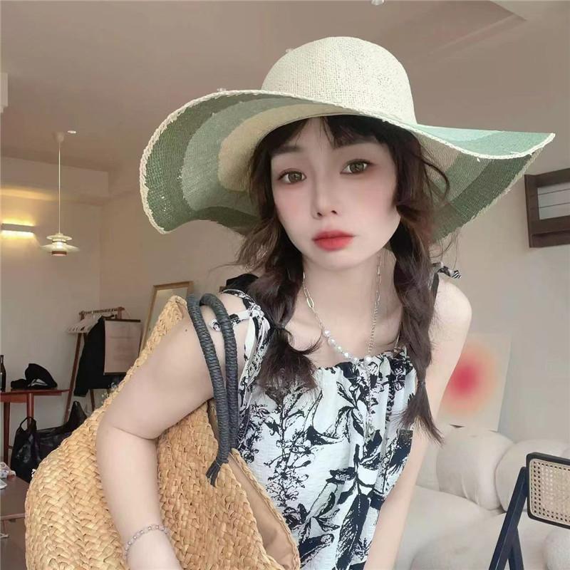 Ins Bohemia Holiday Summer Uv Protection Striped Grass Sun Protection Wide Brim Lady Sun Hat Women Leisure Cap