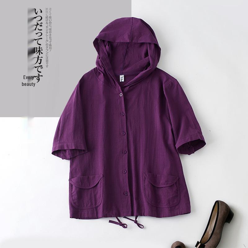Plus Size Retro Casual Hooded Cardigan - Women s Cotton and Linen Jacket XL