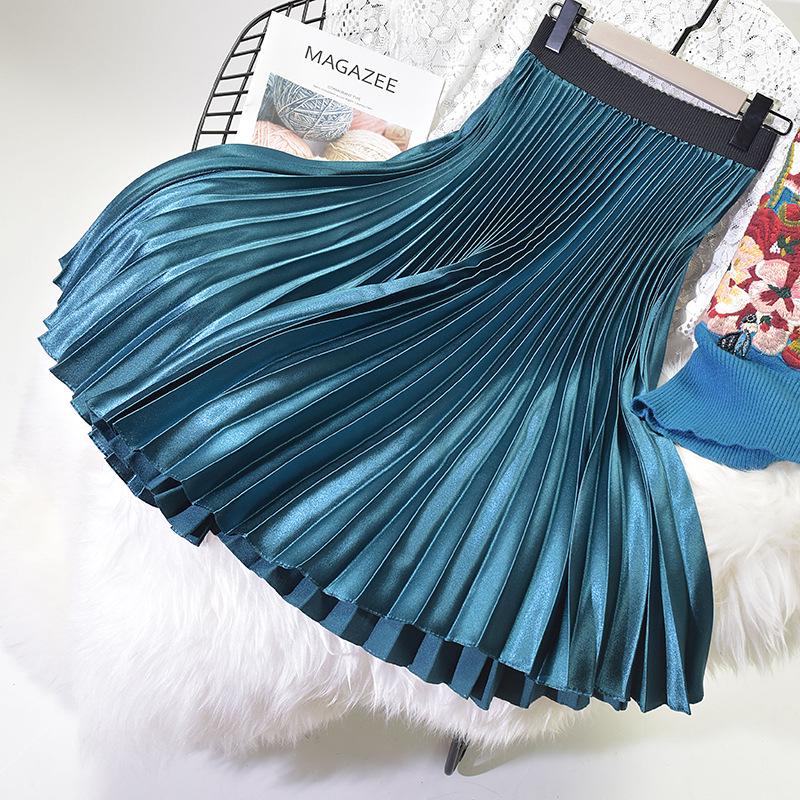 Spring New Solid Color Pleated Skirt Skirt Medium and Long High Waist Skirt