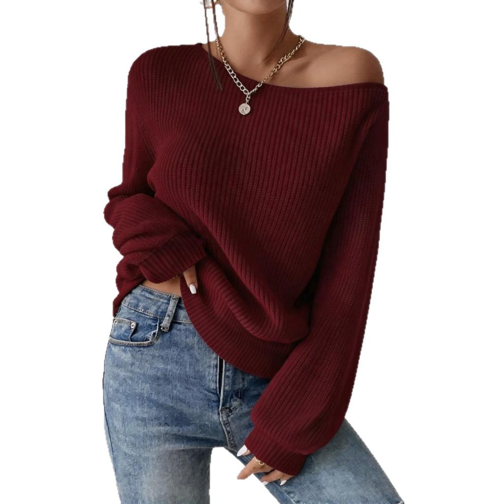 European and American style slanted shoulder one-word neck knitted sweater loose and lazy off-the-shoulder solid color long-sleeved sweater women