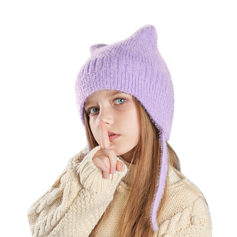 

Новые детские шапки, милые вязаные шерстяные шапки с кошачьими ушками, зимние шапки для мальчиков и девочек, детские защитные капюшоны, модные уличные теплые цветные шапки фиолетовый