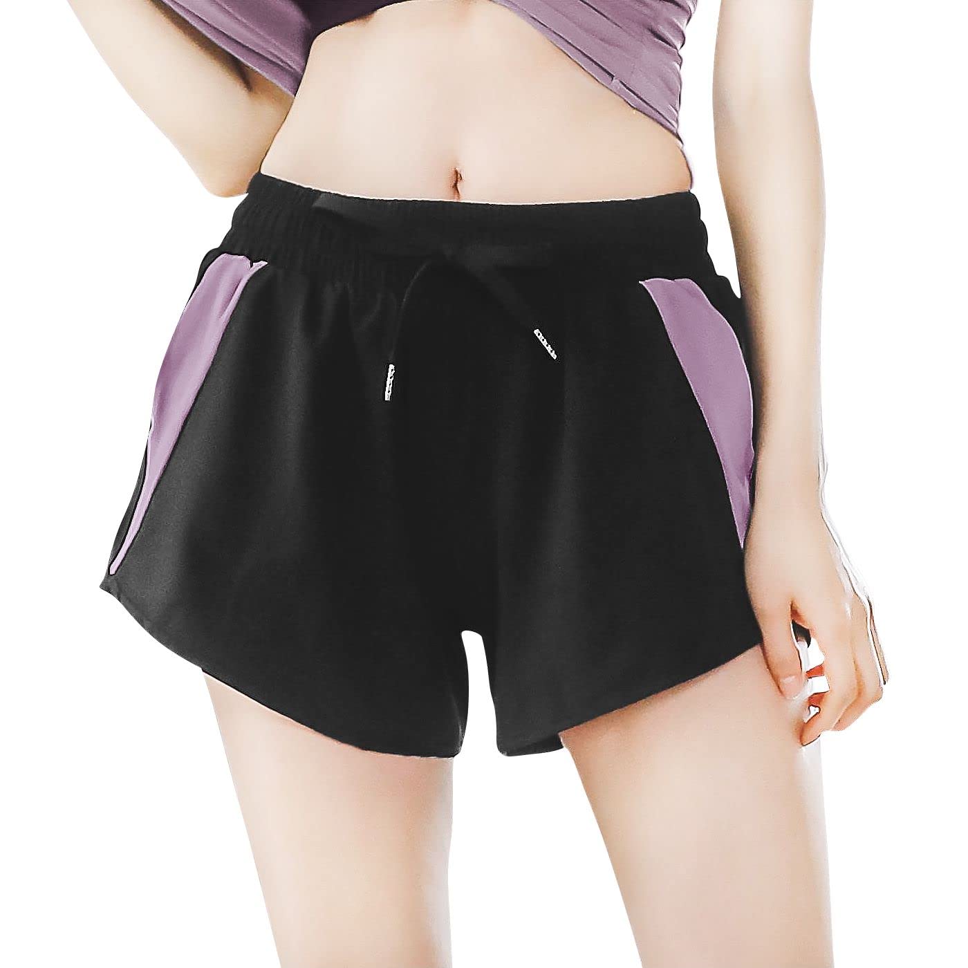 

THREEGUN Shorts with Running Yoga Workout Fitness Women s 2-in-1 Pockets, Shorts, Shorts, Shorts, Shorts, Quick-Drying (Black/Purple - XL)