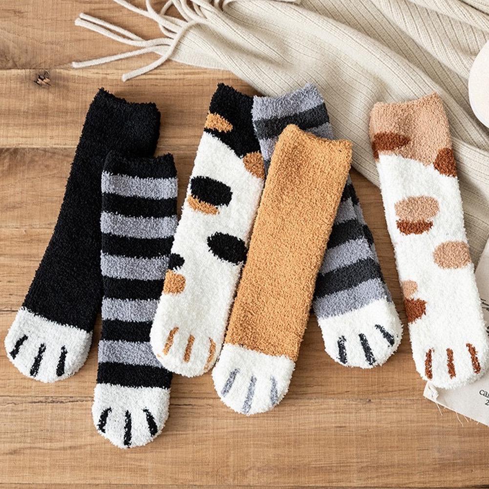 Plush Winter Funny Cute Style Animal Cat Paw Cartoon Pattern Women Cotton Socks Super Soft For Female House Sleeping Floor Sox