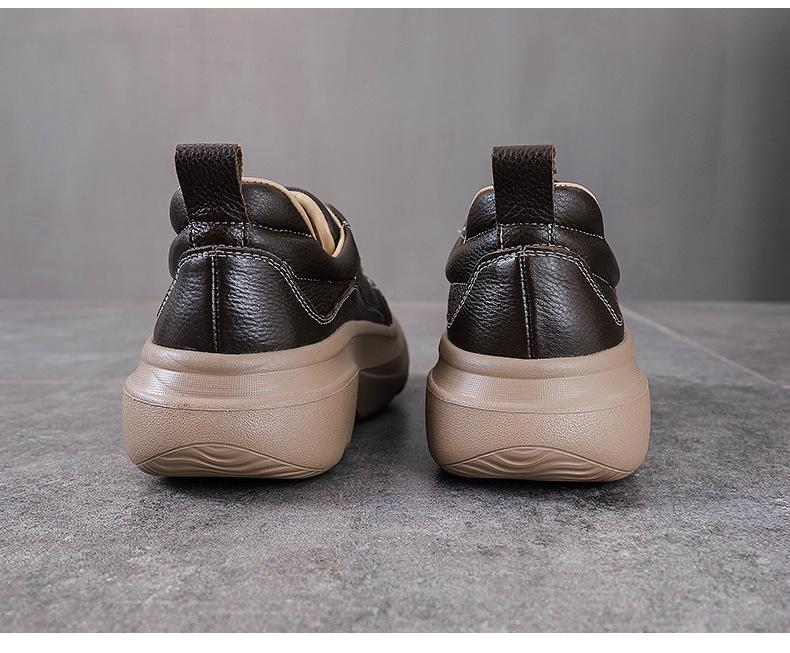 Women's Genuine Leather Retro Lace-Up Sneakers with Thick Soles - Spring Casual Cowhide Loafers