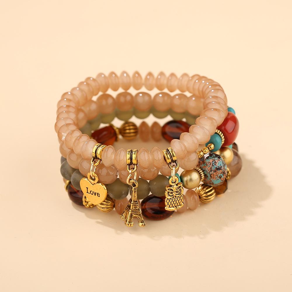 Bohemian Ethnic Multi-layer Bracelet with Owl, Heart & Eiffel Tower Pendants