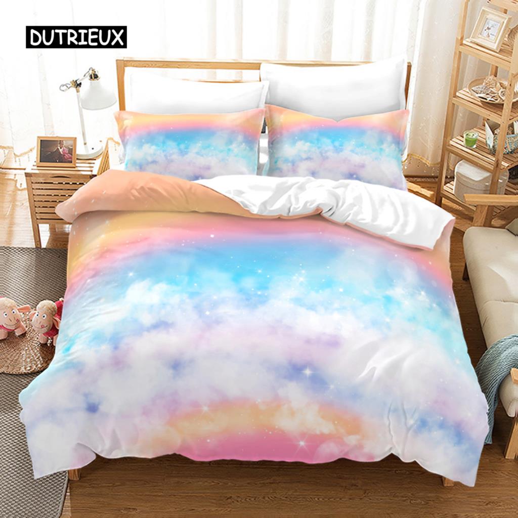 Duhová sada povlaku na přikrývku King Mikrovlákno Dívčí Estetický Duhy Ložní Sada pro Děti Kawaii Hrad Dezert Vzor Povlak na Prošívanou Přikrývku