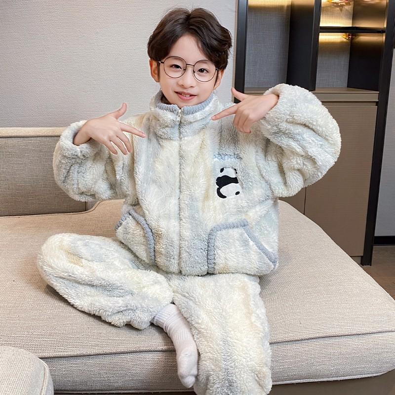 Boys Winter Warm Fleece Pajama Set With Zipper Collar Cartoon Print Long Sleeve Sleepwear Ages 8-14