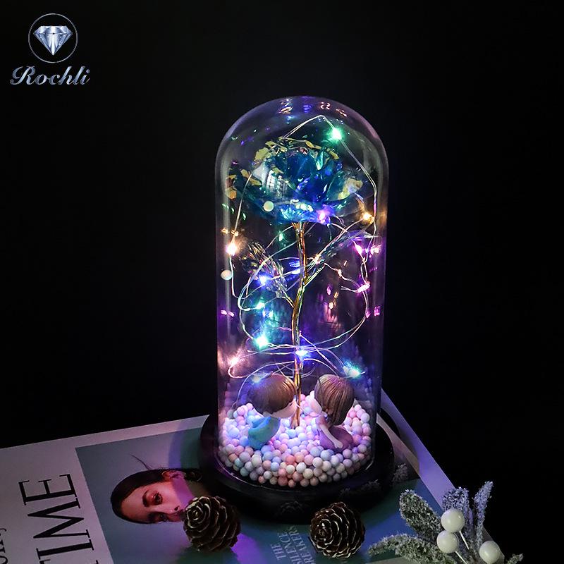Rose Flower Preserved in Glass Dome with Night Light - Mother's Day or Birthday Gift Ornament
