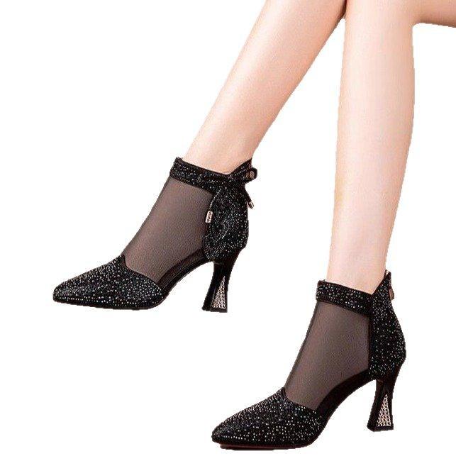 Soft Dough New Pointed High-heeled Cool Boots 2025 Summer Thick Heel Pointed Mesh Hollow Breathable Rhinestone Mesh Boots Women