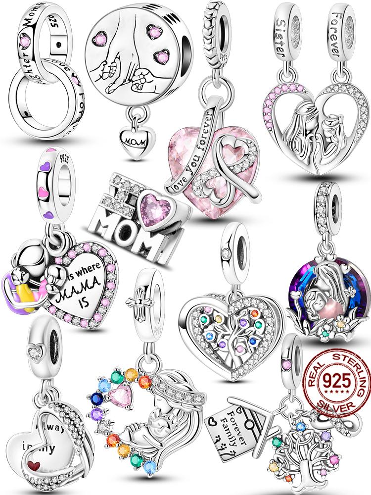 Original Silber Mutter Geschenk Charms Rosa Herz Liebe Mama Anhänger Familie Perlen Passend Armband DIY Geschenke Für Frau Schmuck