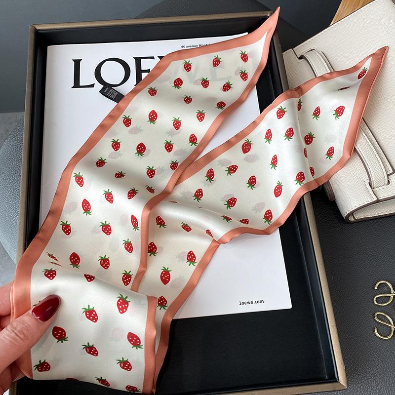 Skinny Ribbon Silk Scarf Women Lovely Fruits Print Foulard Hairband Headband Female Soft Satin Handle Bag Neck Ties Neckerchief