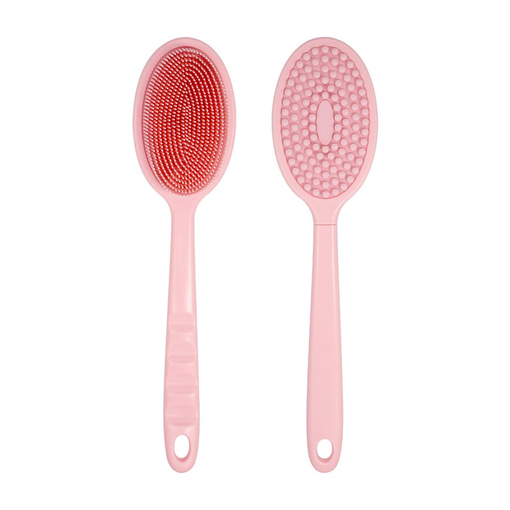 Duschbürste mit langem Griff aus Silikon, doppelseitig, weiche Borsten zum Peelen und Massieren des Rückens und Körpers, verschiedene Farboptionen