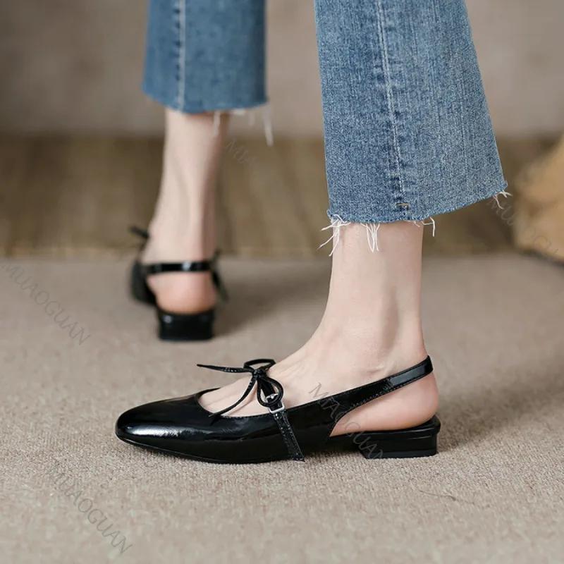 Fashion Bowknot Baotou Patent Leather Sandals Women New Summer French Retro Chunky Low Heel Sandales Femme Red Mary Jane Women's Shoes