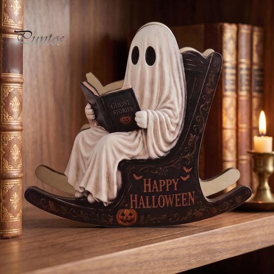 Spooky Bookshelf Ornament Halloween Rocking Chair Ghost/Skeleton Ornament, Wooden Desktop Decoration, Dynamic Ghost Decoration Figurine for
