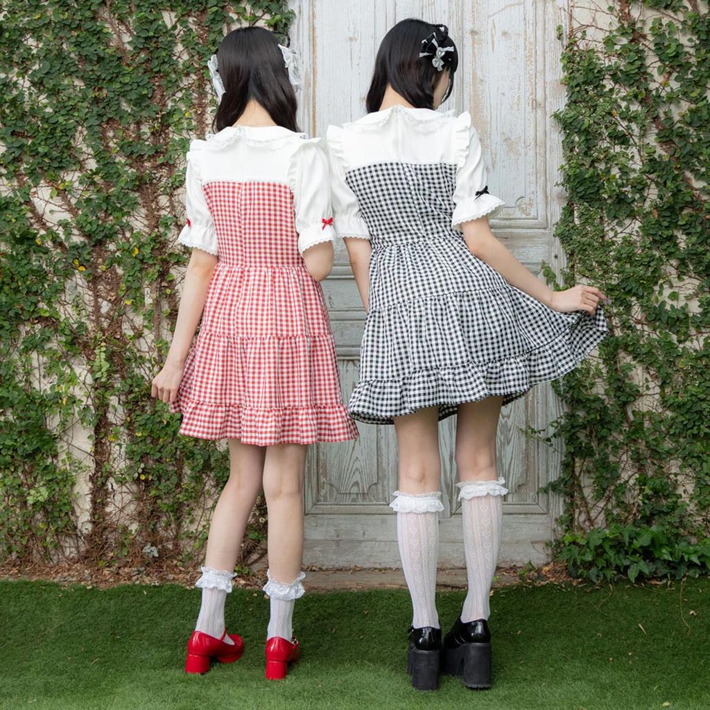 Yumetenbou Mass-Produced Clothing [Dear My Love] Casual Dress, Round Collar, Bustiered Dress, Women's, Gingham Black, Yumetenbou