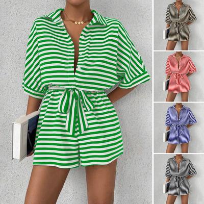 Summer Women Romper Striped Contrast Color Lace-up Elastic Waist One-piece Outfit Short Sleeves Turn-down Collar Half Single-breasted Short Jumpsuit