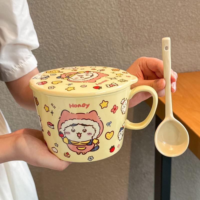 High-value and cute student large instant noodle cup Ceramic instant noodle bowl with lid Dormitory tableware Soup noodle ramen bowl
