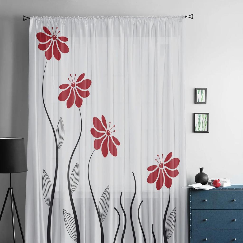 Röda Blommor Linjer Växtgardin Tyll Dekorativa Skira Gardiner för Vardagsrum Sovrum Kök Hotell Hem Fönsterpaneler